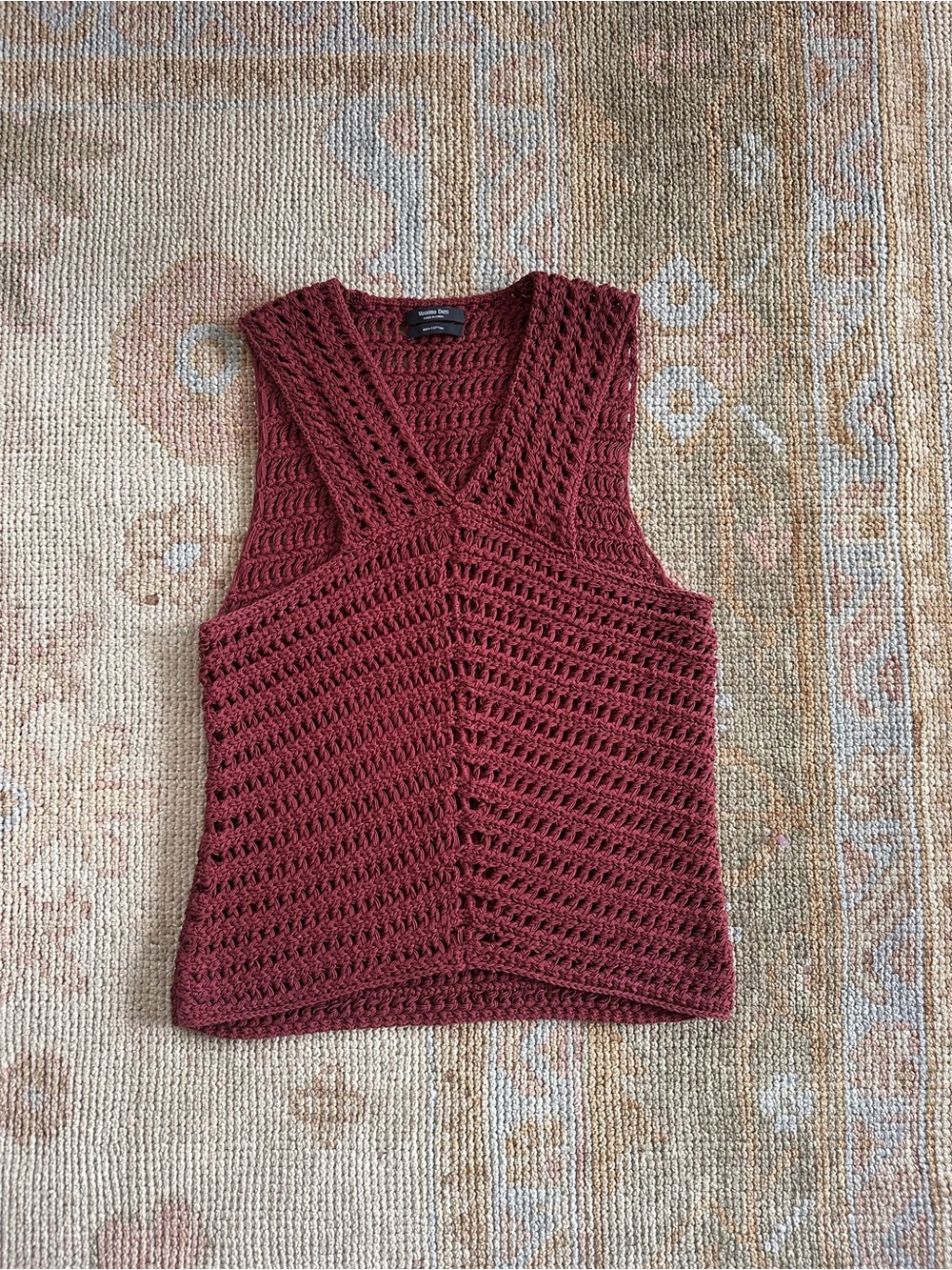 Massimo Dutti Crochet Cotton Knit Sleeveless Top in Rust/Burgundy Size S